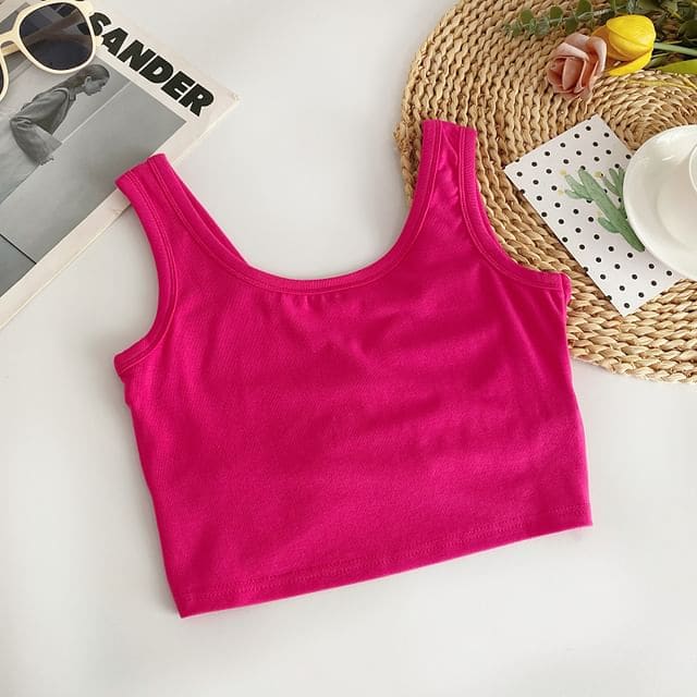 Scoop Neck Plain Crop Tank Top - Rose Pink / One Size