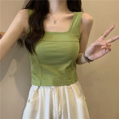 Scoop Neck Plain Padded Tank Top - Green / One Size