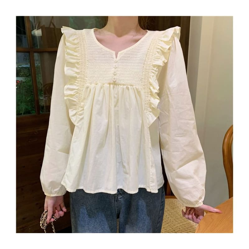 Scoop Neck Plain Ruffle Trim Blouse