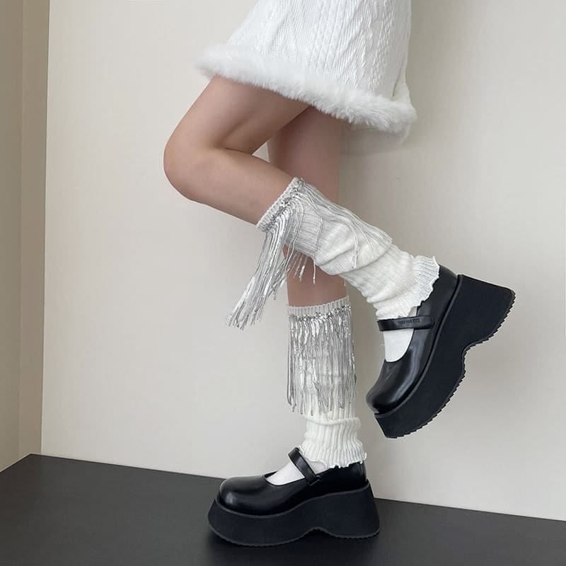 Sequin Fringed Knit Leg Warmers