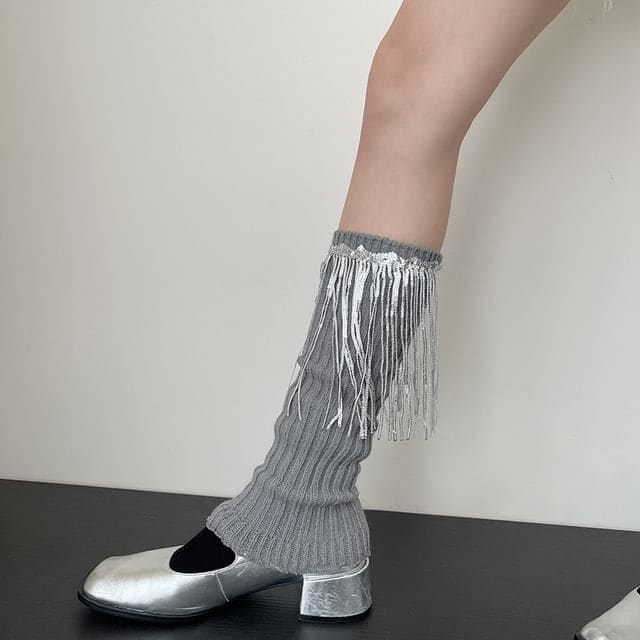 Sequin Fringed Knit Leg Warmers - Light Gray / One Size