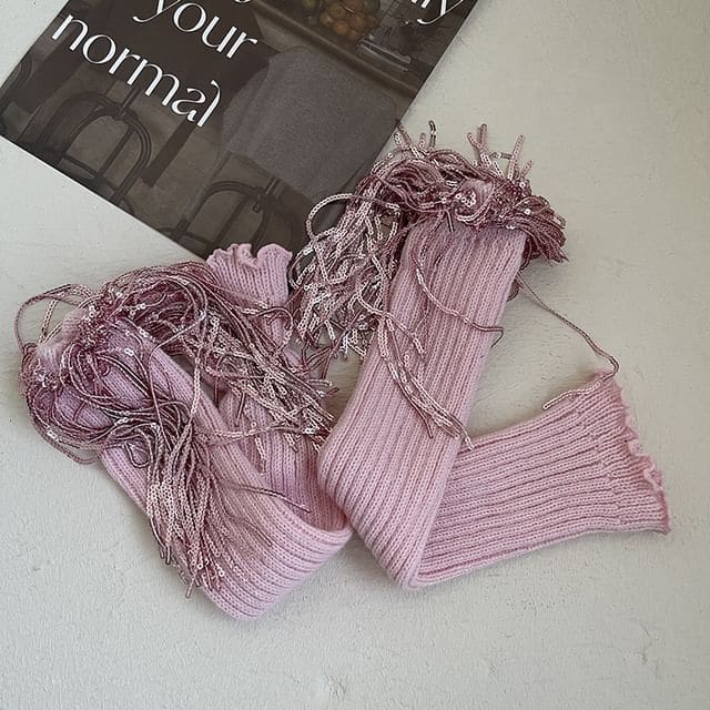 Sequin Fringed Knit Leg Warmers - Pink / One Size