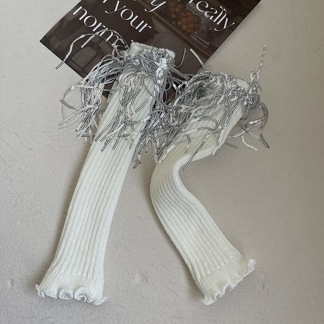 Sequin Fringed Knit Leg Warmers - White / One Size