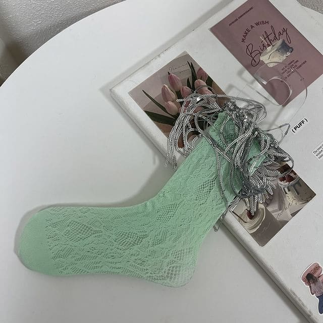 Sequin Fringed Lace Socks - Mint Green / One Size