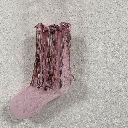 Sequin Fringed Lace Socks - Pink / One Size