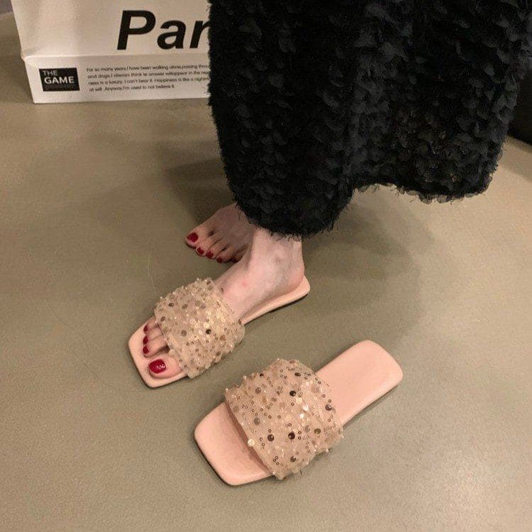 Sequin Mesh Slide Sandals