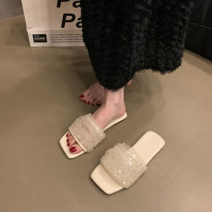 Sequin Mesh Slide Sandals - Off-White / 35