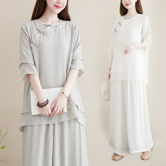 Set: 3/4-Sleeve Plain Frog Buttoned Cheongsam Top + High