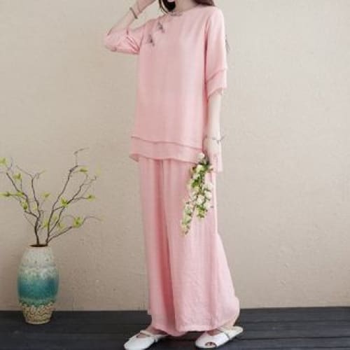 Set: 3/4-Sleeve Plain Frog Buttoned Cheongsam Top + High