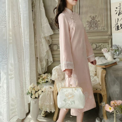 Set: Bell-Sleeve Mandarin Collar Midi A-Line Dress + Floral