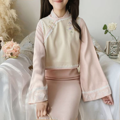 Set: Bell-Sleeve Mandarin Collar Midi A-Line Dress + Floral