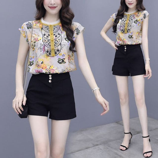 Set: Cap Sleeve Printed Blouse