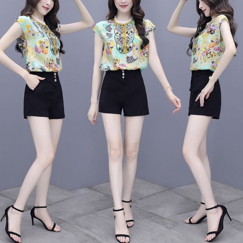 Set: Cap Sleeve Printed Blouse