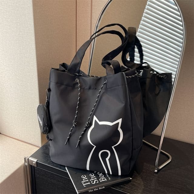 Set: Cat Print Drawstring Fabric Tote Bag + Pouch - Set