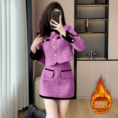 Set: Collared Contrast Trim Button-Up Tweed Crop Jacket