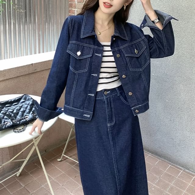 Set: Collared Plain Denim Button Jacket + Mid Rise Denim