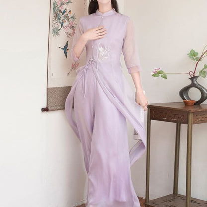 Set: Elbow-Sleeve Flower Embroidered Hanfu Blouse + High