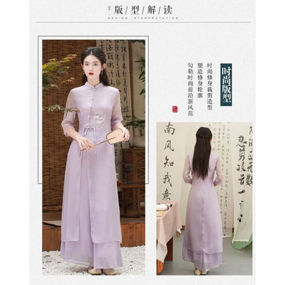 Set: Elbow-Sleeve Flower Embroidered Hanfu Blouse + High