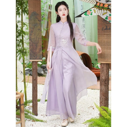 Set: Elbow-Sleeve Flower Embroidered Hanfu Blouse + High