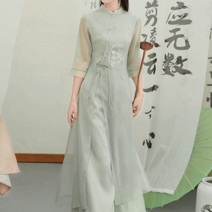 Set: Elbow-Sleeve Flower Embroidered Hanfu Blouse + High