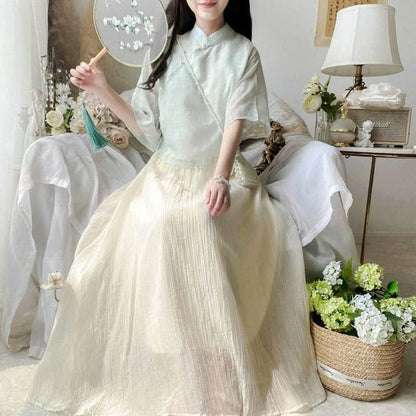 Set: Elbow-Sleeve Plaid Hanfu Blouse + High Waist Plain