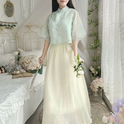 Set: Elbow-Sleeve Plaid Hanfu Blouse + High Waist Plain