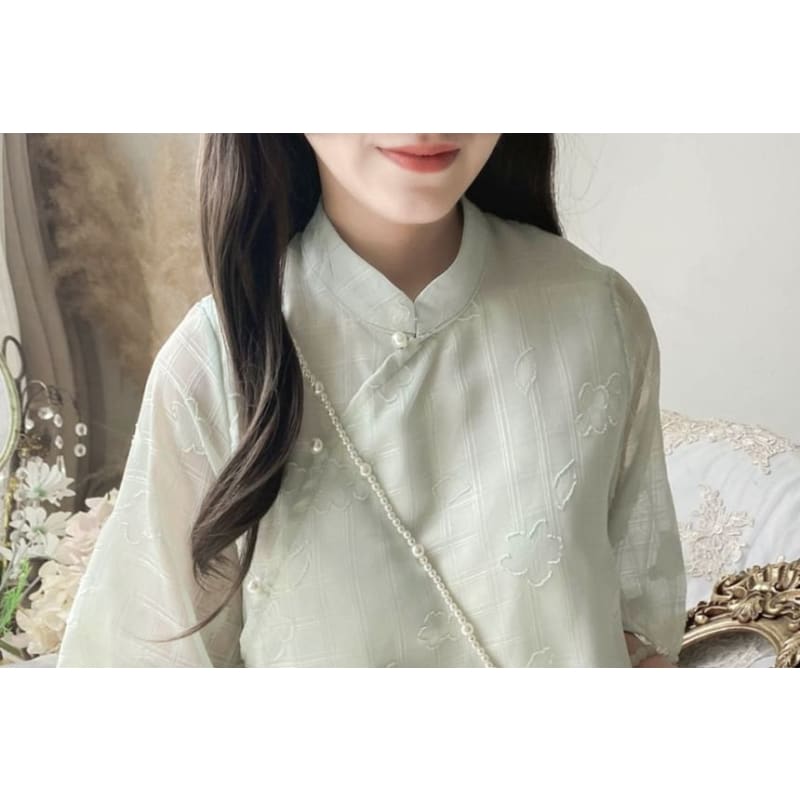 Set: Elbow-Sleeve Plaid Hanfu Blouse + High Waist Plain