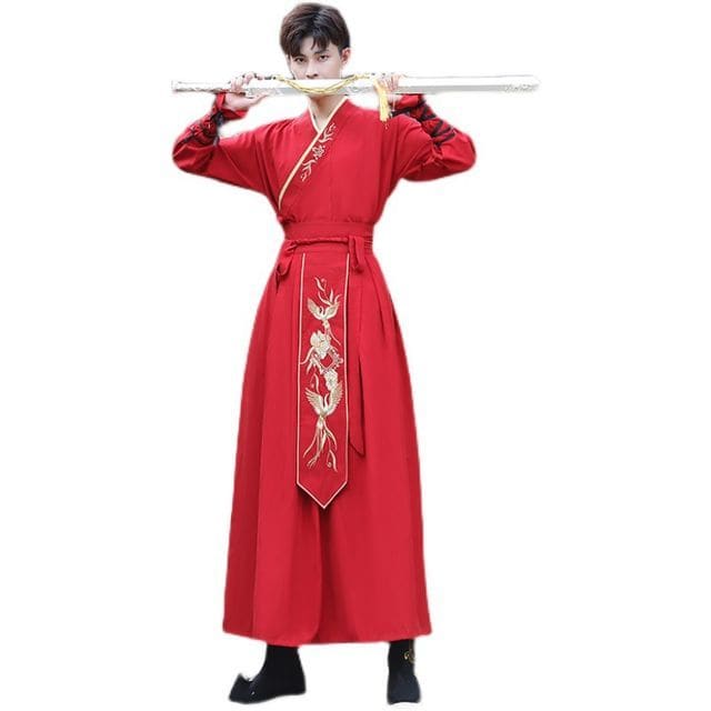 Set: Embroidered Hanfu Top + Skirt - Red / S