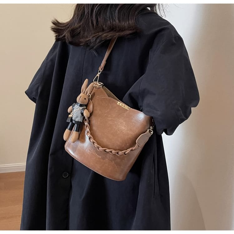 Set: Faux Leather Bucket Bag + Bag Charm