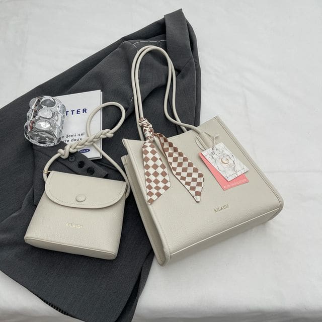 Set: Faux Leather Lettering Tote Bag + Flap Crossbody Bag