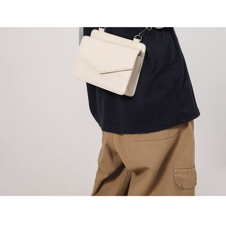 Set: Faux Leather Plain Flap Crossbody Bag + Coin Purse