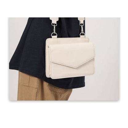 Set: Faux Leather Plain Flap Crossbody Bag + Coin Purse