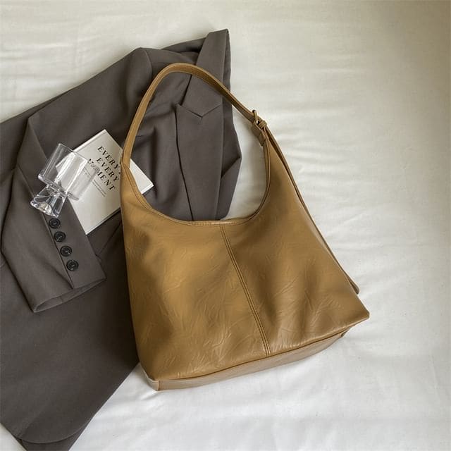 Set: Faux Leather Shoulder Bag + Pouch - Brown / One Size