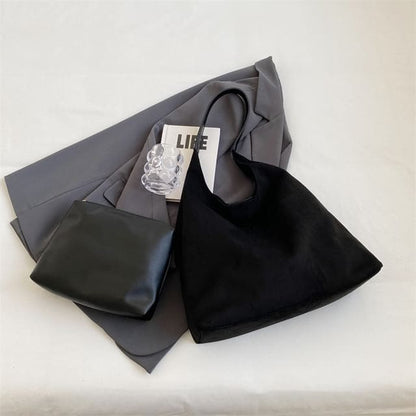 Set: Faux Leather Tote Bag + Pouch - Black / One Size