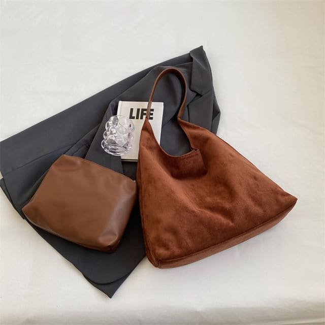 Set: Faux Leather Tote Bag + Pouch - Brown / One Size