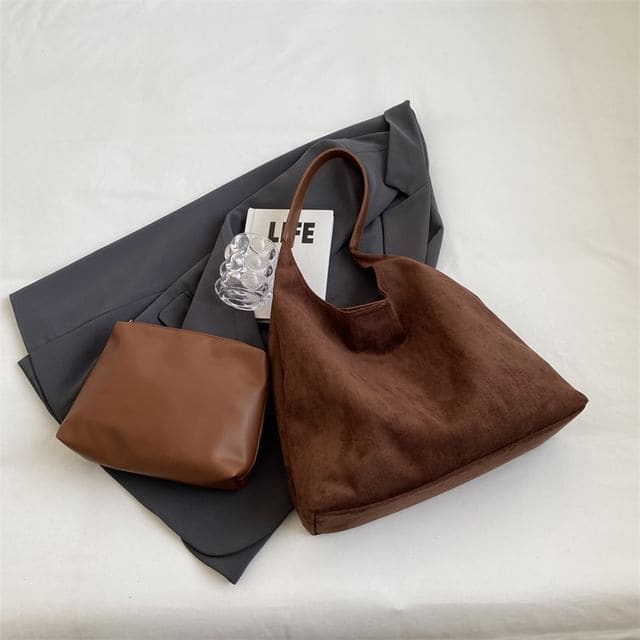 Set: Faux Leather Tote Bag + Pouch - Coffee / One Size