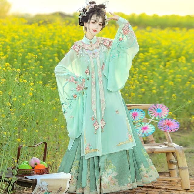 Set: Floral Embroidered Hanfu Long Blouse + Camisole Top