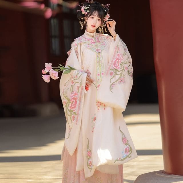 Set: Floral Embroidered Hanfu Long Blouse + Maxi Skirt