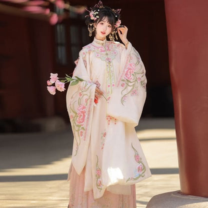 Set: Floral Embroidered Hanfu Long Blouse + Maxi Skirt