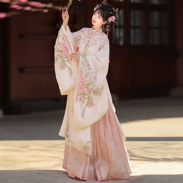 Set: Floral Embroidered Hanfu Long Blouse + Maxi Skirt