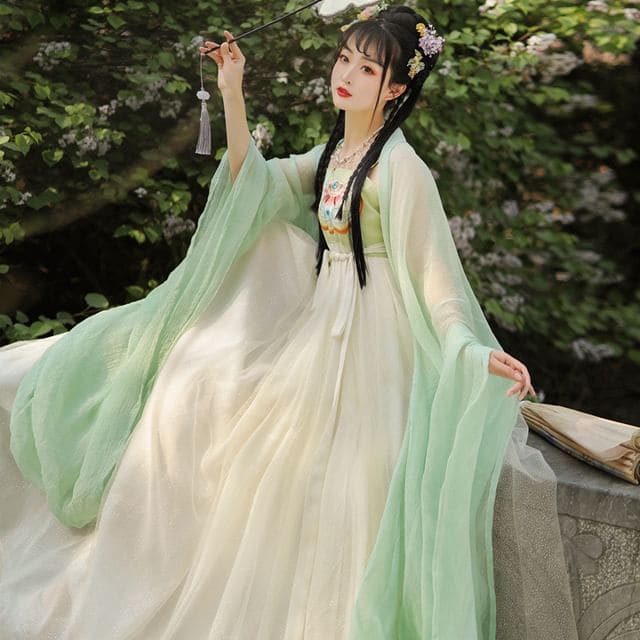 Set: Floral Embroidered Hanfu Maxi Dress + Light Jacket