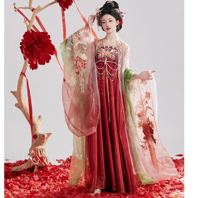 Set: Floral Embroidered Hanfu Maxi Dress + Long Light