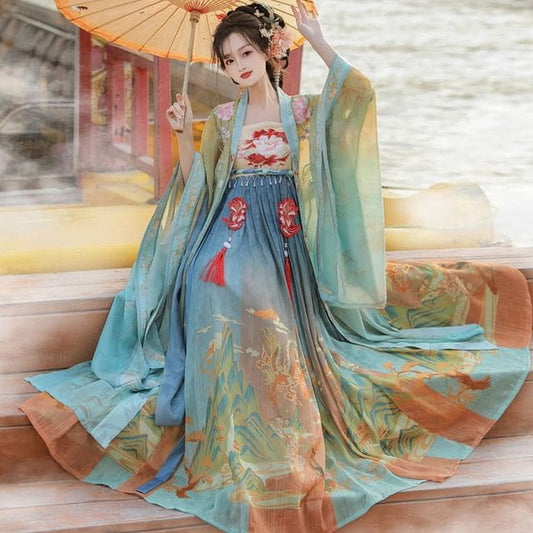 Set: Floral Embroidered Hanfu Maxi Dress + Long Light