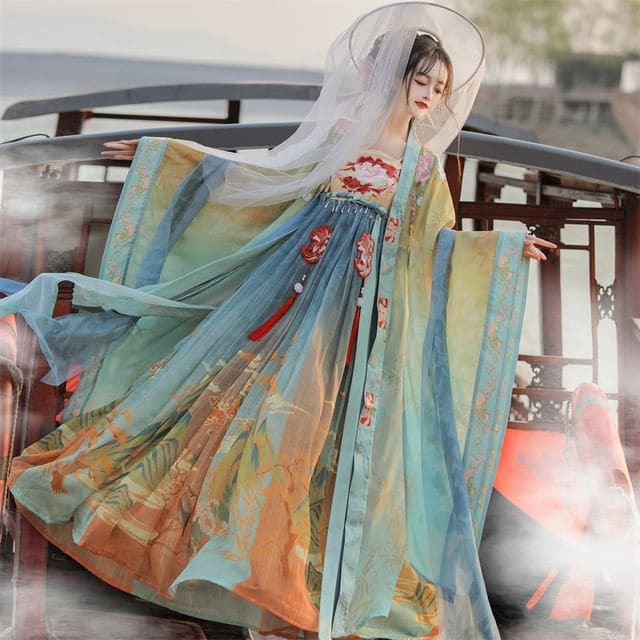 Set: Floral Embroidered Hanfu Maxi Dress + Long Light