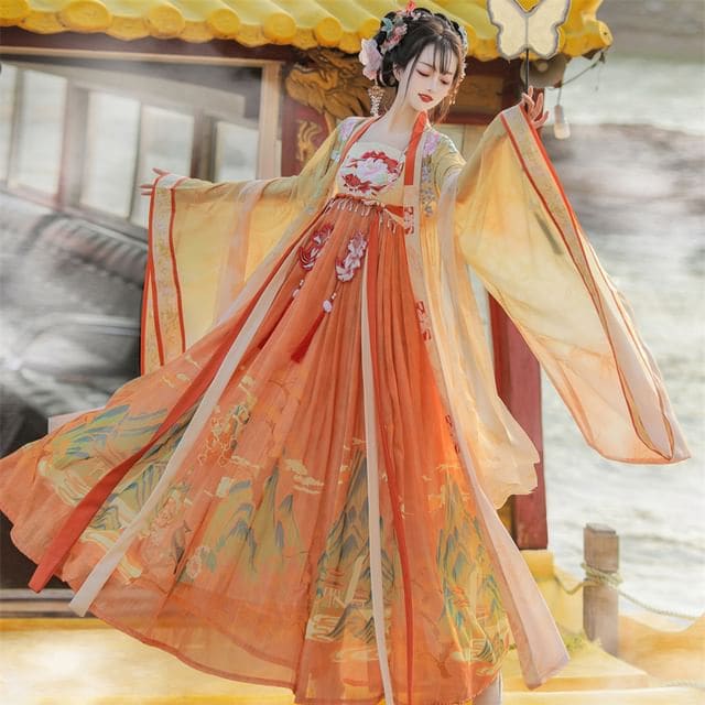 Set: Floral Embroidered Hanfu Maxi Dress + Long Light