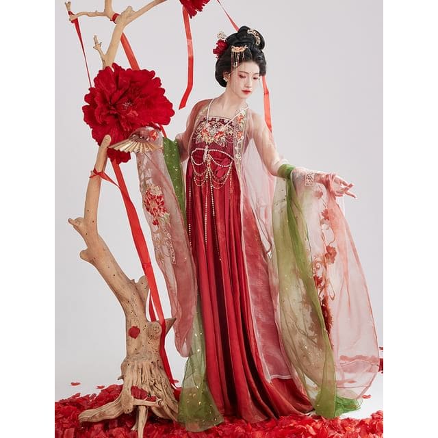 Set: Floral Embroidered Hanfu Maxi Dress + Long Light