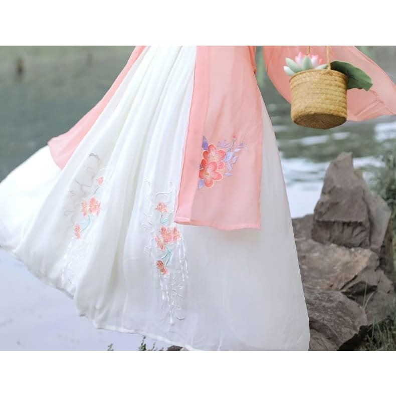 Set: Floral Embroidered Hanfu Top + Mid Rise Maxi Skirt