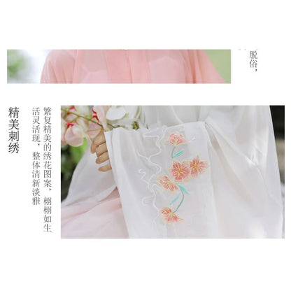 Set: Floral Embroidered Hanfu Top + Mid Rise Maxi Skirt