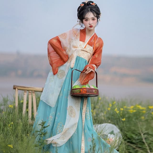 Set: Floral Hanfu Maxi Dress + Long Light Jacket