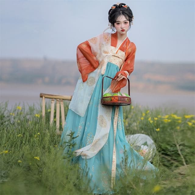 Set: Floral Hanfu Maxi Dress + Long Light Jacket - Set of 2